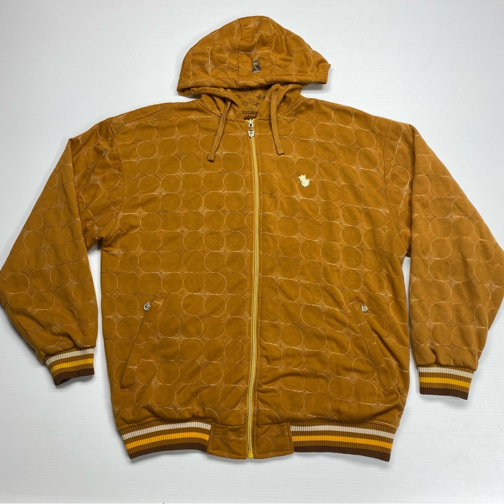 Y2K Barefox Oversized Gold Embroidered Geometric Full Zip Hoodie Sz 2XL